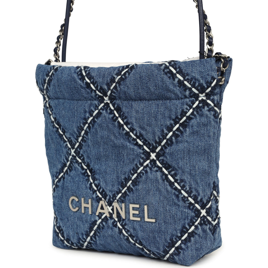 Chanel Mini 22 Bag Blue Stitched Denim Silver Hardware