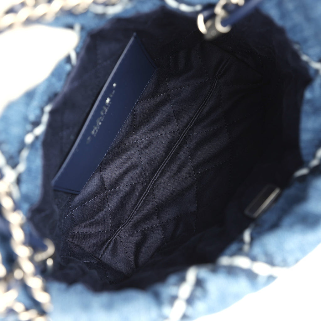 Chanel Mini 22 Bag Blue Stitched Denim Silver Hardware