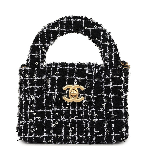 Chanel Nano Kelly Shopper Black, White & Silver Sequin Tweed Brushed Gold Hardware