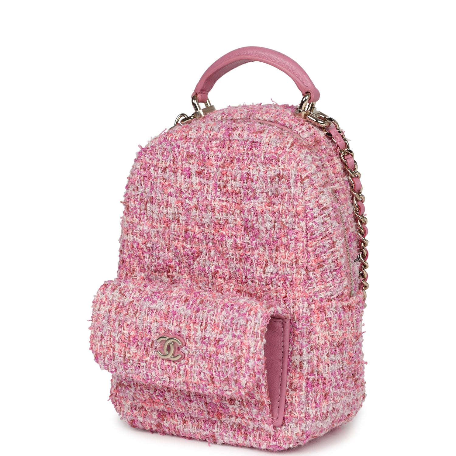Chanel Mini Phone Holder Backpack with Chain Pink Multicolor Tweed Lig