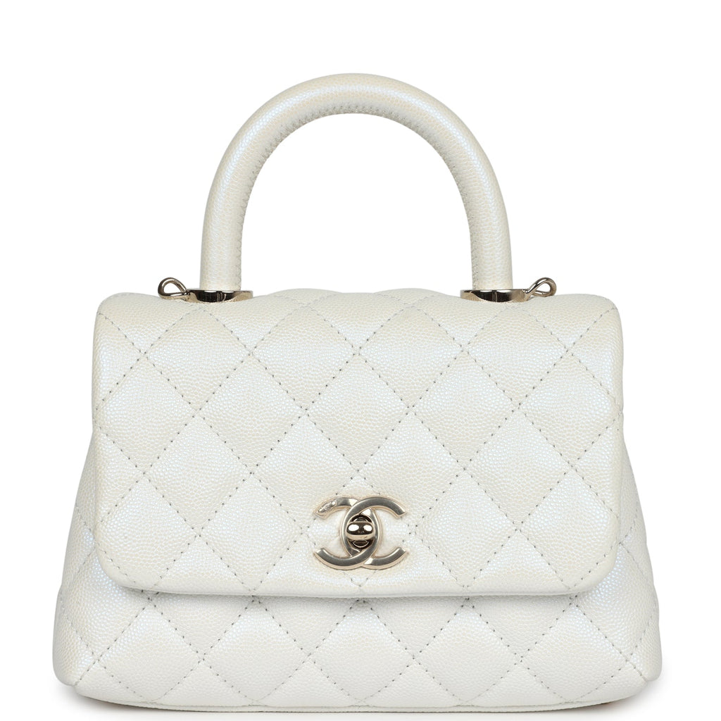 Chanel Mini Coco Handle Flap Bag Ivory Iridescent Caviar Light