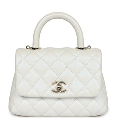 Chanel Mini Coco Handle Flap Bag Ivory Pearly Iridescent Caviar Light Gold Hardware