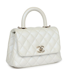 Chanel Mini Coco Handle Flap Bag Ivory Pearly Iridescent Caviar Light Gold Hardware