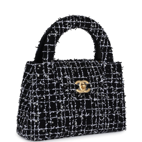 Chanel Small Kelly Shopper Black, White & Silver Sequin Tweed Brushed Gold Hardware