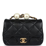 Chanel Mini Square Pearl Flap Bag Black Lambskin Brushed Gold Hardware