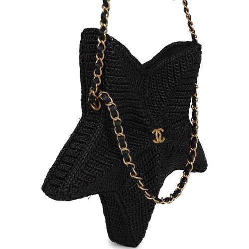 Pre-owned Chanel Star Coco Beach Bag Black Raffia Aged Gold Hardware