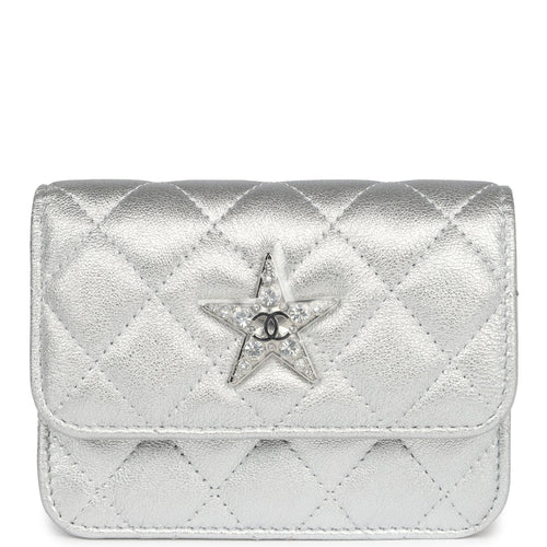 Chanel Crystal CC Walk Of Fame Clutch Wallet Silver Metallic Goatskin Silver Hardware