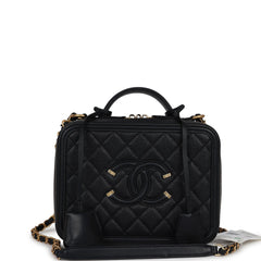 Chanel Medium CC Filigree Vanity Case Black Caviar Antique Gold Hardware
