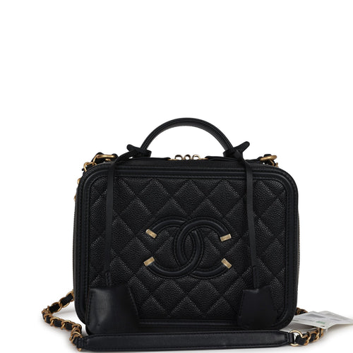 Chanel Medium CC Filigree Vanity Case Black Caviar Antique Gold Hardware