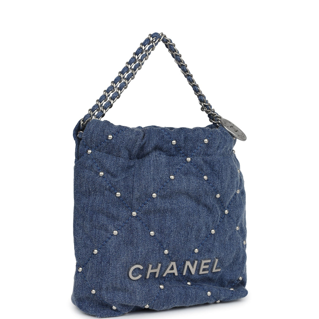 Chanel Mini 22 Bag Blue Studded Denim Silver Hardware Blue New Denim