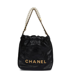 Chanel Mini 22 Bag Black Aged Calfskin and Pearl Antique Gold Hardware