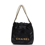 Chanel Mini 22 Bag Black Aged Calfskin and Pearl Antique Gold Hardware