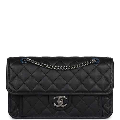 Chanel French Riviera Flap Bag Black Calfskin Aged Ruthenium Hardware
