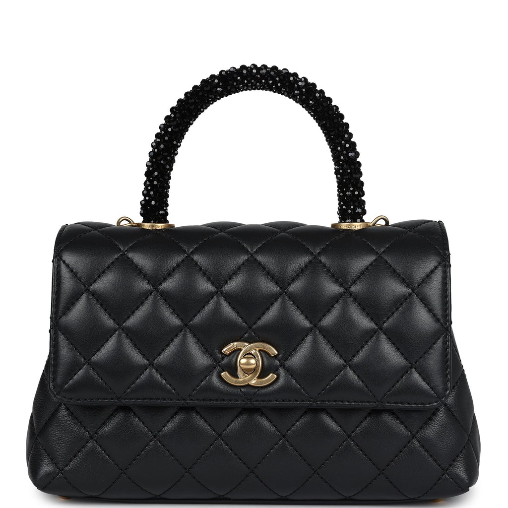 Chanel Small Coco Crystal Top Handle Flap Bag Black Lambskin Brushed Gold Hardware Black New Lambskin
