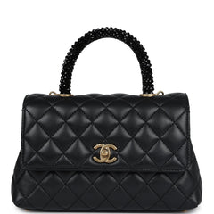 Chanel Mini Coco Crystal Top Handle Flap Bag Black Lambskin Brushed Gold Hardware