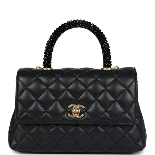 Chanel Mini Coco Crystal Top Handle Flap Bag Black Lambskin Brushed Gold Hardware