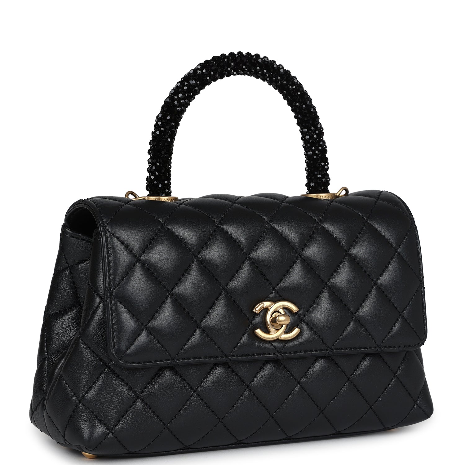 Chanel Small Coco Crystal Top Handle Flap Bag Black Lambskin Brushed G