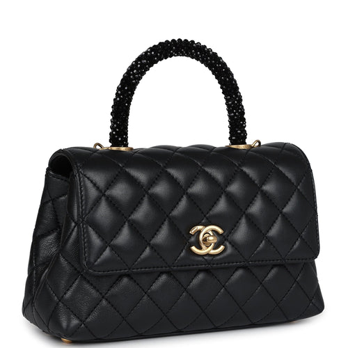 Chanel Mini Coco Crystal Top Handle Flap Bag Black Lambskin Brushed Gold Hardware