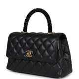 Chanel Small Coco Crystal Top Handle Flap Bag Black Lambskin Brushed Gold Hardware