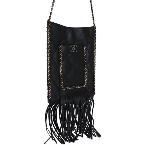 Chanel Small CC Fringe Shopping Bag Black Calfskin Light Gold Hardware