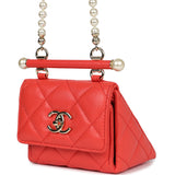 Chanel Mini Clutch with Pearl Chain Red Lambskin Light Gold Hardware