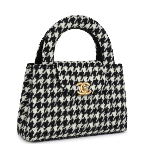 Chanel Small Kelly Shopper Black and White Houndstooth Tweed Brushed Gold Hardware