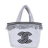 Chanel Coco Beach Tote White and Black Terry Cloth with Towel