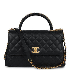 Chanel Small Coco Top Handle Black Chevron Caviar Brushed Gold Hardware