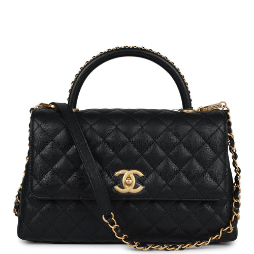 Chanel Small Coco Top Handle Black Chevron Caviar Brushed Gold Hardware