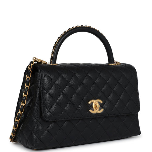 Chanel Small Coco Top Handle Black Chevron Caviar Brushed Gold Hardware