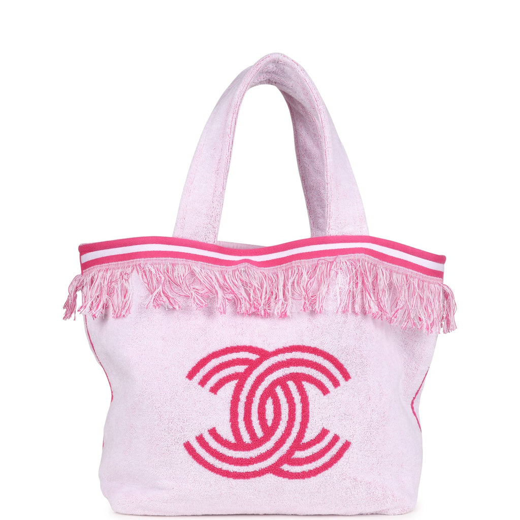 Chanel CC Beach Tote Bag Towel Set Pink White Canvas Terry Pink/White New Terry Cloth