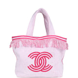 Chanel CC Beach Tote Bag & Towel Set Pink & White Canvas & Terry