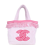 Chanel CC Beach Tote Bag & Towel Set Pink & White Canvas & Terry