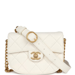 Chanel Mini Round Messenger Flap Bag White Caviar Antique Gold Hardware