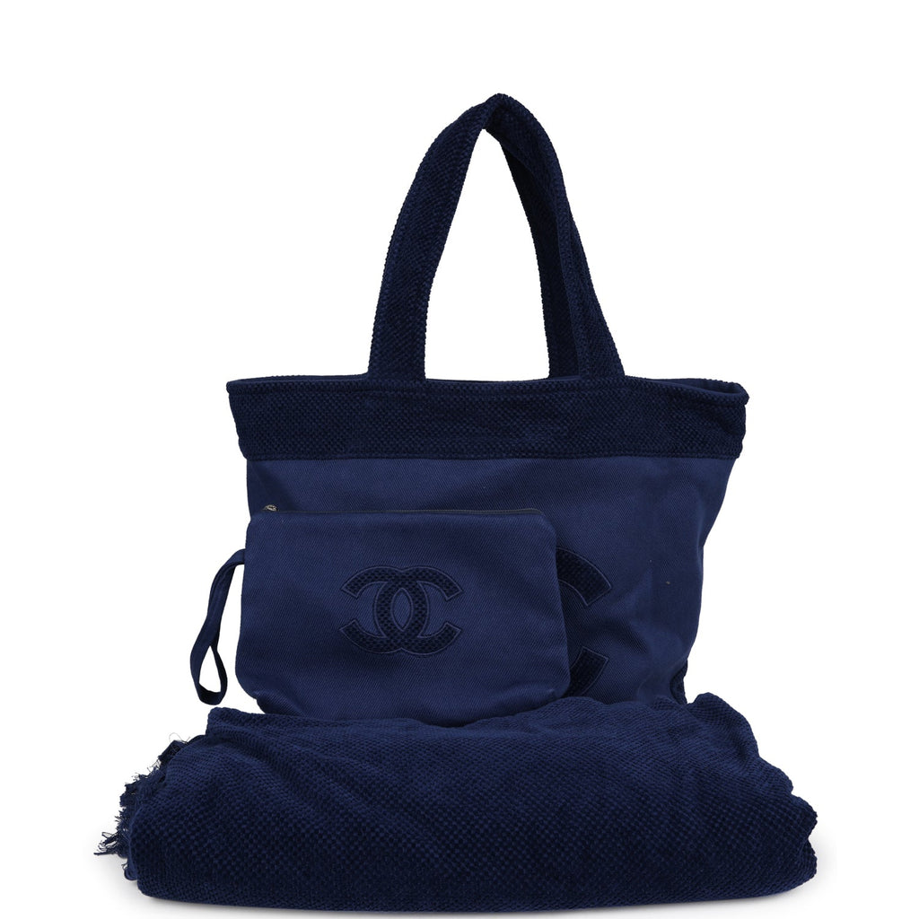 Chanel CC Beach Tote Bag Towel Set Navy Blue Canvas Terry Navy New Terry Cloth