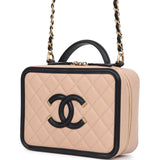 Pre-owned Chanel Medium CC Filigree Vanity Case Black and Beige Caviar Antique Gold Hardware