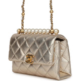 Chanel Mini Pearl Top Handle Flap Bag Metallic Gold Lambskin Brushed Gold Hardware