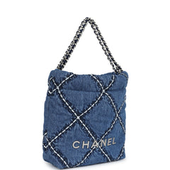 Chanel Mini 22 Bag Blue Stitched Denim Silver Hardware
