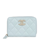 Chanel Small Pearl Classic Zipped Coin Purse Wallet Light Blue Lambskin Light Gold Hardware