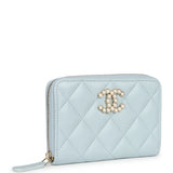 Chanel Small Pearl Classic Zipped Coin Purse Wallet Light Blue Lambskin Light Gold Hardware