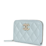 Chanel Small Pearl Classic Zipped Coin Purse Wallet Light Blue Lambskin Light Gold Hardware