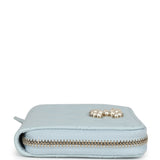 Chanel Small Pearl Classic Zipped Coin Purse Wallet Light Blue Lambskin Light Gold Hardware