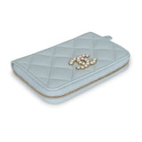 Chanel Small Pearl Classic Zipped Coin Purse Wallet Light Blue Lambskin Light Gold Hardware