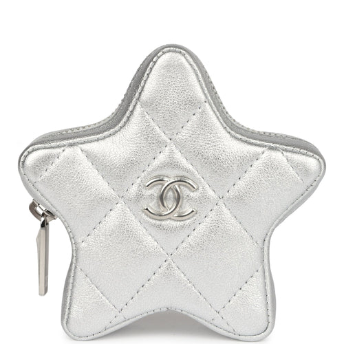 Chanel Walk Of Fame Star Clip-On Coin Purse Metallic Silver Goatskin Silver Hardware