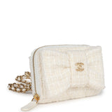 Chanel Bow Wallet Card Holder on Chain White/Beige Tweed/Calfskin Gold Hardware