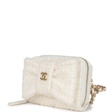 Chanel Bow Wallet Card Holder on Chain White/Beige Tweed/Calfskin Gold Hardware