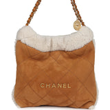 Chanel Small 22 Bag Tan Suede and White Shearling Gold Hardware