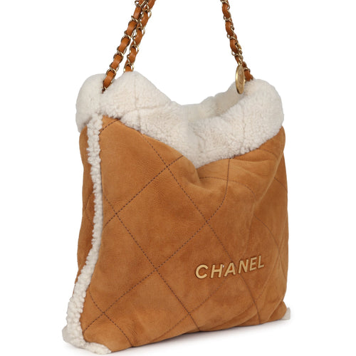 Chanel Small 22 Bag Tan Suede and White Shearling Gold Hardware
