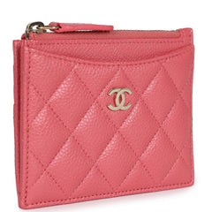 Chanel Zipped Card Holder Wallet Pink Caviar Gold Hardware