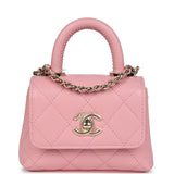 Chanel Nano Coco Top Handle Flap Bag Pink Grained Calfskin Light Gold Hardware